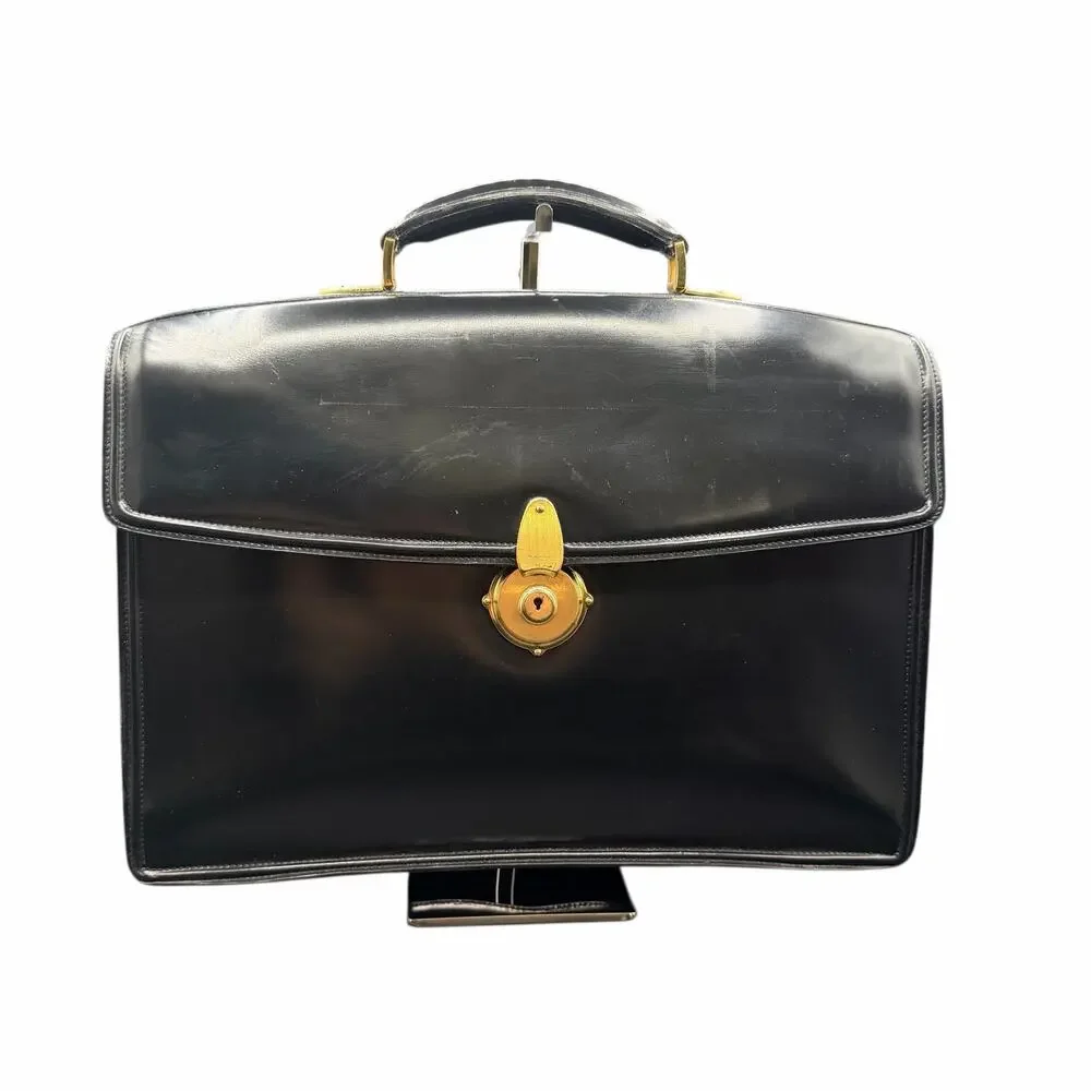 Vintage Bally Black Leather Locking Briefcase Attache Gold Hardware